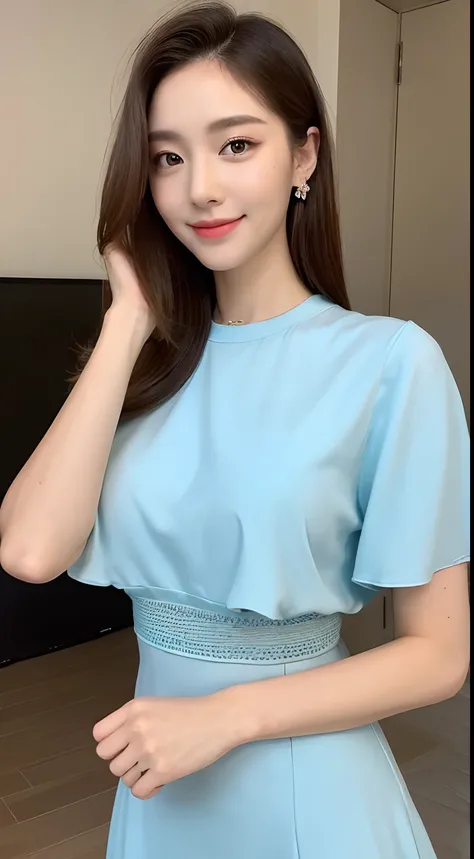 ((Best Quality, 8K, Masterpiece: 1.3)), 1girl, Slim Abs Beauty: 1.3, (Hairstyle Casual, Big Breasts: 1.2), Dress: 1.1, Super Fine Face, Delicate Eyes, Double Eyelids, Smile, Home