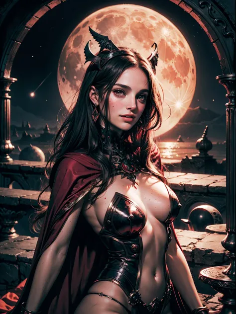 1970s dark fantasy heavy metal disc cover. teen natalie portman as a red priestess girl. gentle smile. (Moon night desolation). freckles. slender and beautiful.