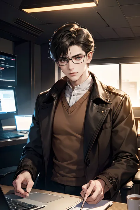 (tmasterpiece, high resolution, ultra - detailed:1.0), (1 boy, Young male), Eyes looking to camera, Perfect male body, Extremely detailed CG, 8K wallpaper, Complicated details, solo person, Detailed face,(Black hair, brown coat,brown sweater, Glasses, Sit ...