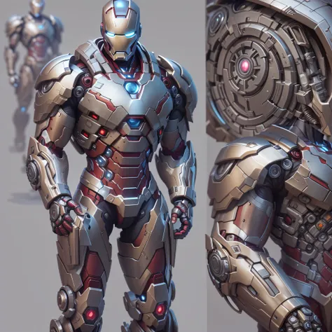 Superior Marvels Iron Man photography, biomechanical, Complex Robot, Full growth, hyper realistic, Crazy little details, extremely clean lines, Cyberpunk aesthetic, Masterpiece featured at Zbrush Central. His armor is pure Silver chrome titanium, a futuris...