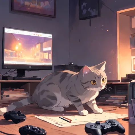 playful Light grey and tan tabby cat in the background, main focus on black game controller and art supplies, dark, simple design, Simple layout, brushstrokes, oil painting, Moody lighting, purple, black, red, dark atmosphere, art supplies everywhere