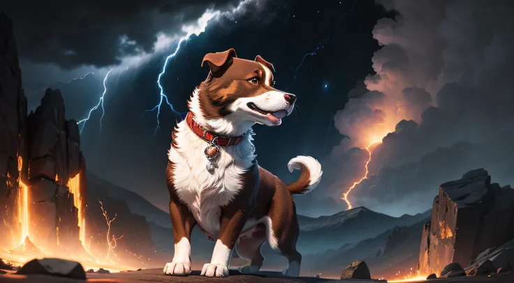 A brown and white dog traveling between rugged mountains filled with rocks and lava with lightning in the dark skies