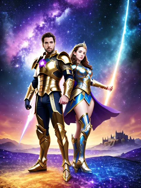 8k Poster movie , a beautiful woman princess and man knight in ((detailed Cosmic Armor)), (photorealistic face), ((ultra-detailed colorful armor)), pale skin, brunette, outdoors, full legs, foots, ultra-realistic, highly detailed, photo-real, intricate det...