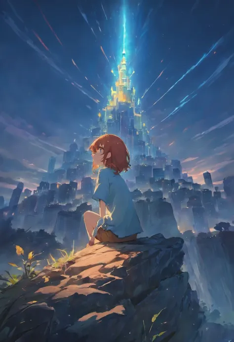 Anime girl sitting on rock looking at the sky,The distant Sky Piercing Tower, Makoto Shinkai Cyril Rolando, Anime art wallpaper 4 K, Anime art wallpaper 4k, cyril rolando and goro fujita, Anime art wallpaper 8 K, 4K anime wallpaper, Anime wallpaper 4 k, An...