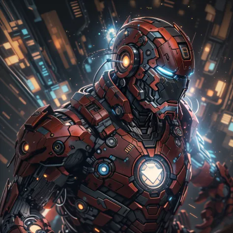 "Realistic, sleek, and cybernetic, the Ironman with a galactic mask shines brightly in its bioluminescent glow. It combines the futuristic elements of a mecha and the elegance of a samurai (with a weight of 1.2). The glowing red runes adorn its body, creat...