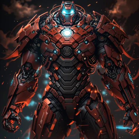 "Realistic, sleek, and cybernetic, the Ironman with a galactic mask shines brightly in its bioluminescent glow. It combines the futuristic elements of a mecha and the elegance of a samurai (with a weight of 1.2). The glowing red runes adorn its body, creat...