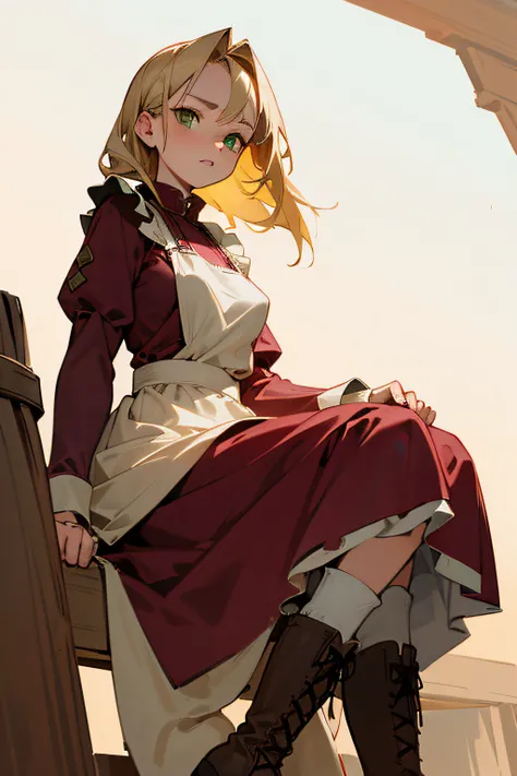 1 girl, wild west american, NSFW, medium blonde, green eyes, fair skin, she wears a burgundy dress with wide, long sleeves, which goes below the knees, and a white apron over the dress, and boots,