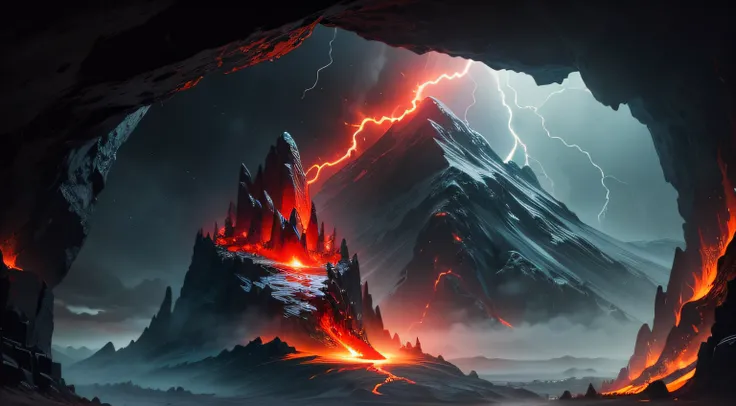 A red dragon in his cave on a dark, lava-filled mountain with lightning in the dark skies.