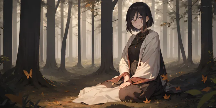 izumi_nase, short hair, black hair, purple eyes, jewelry, neckalce, 1girl, solo, nature, wide_sleeves, forest, tree, black_legwear, long_sleeves, sitting, looking_at_viewer, outdoors, autumn_leaves, autumn, jewelry, fire, insect, bug, dress, butterfly, blu...