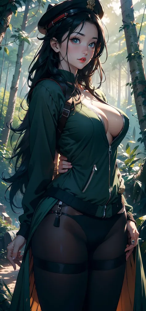 1female，41 years old，熟妇，A MILF ，Married Woman， mature，plumw，extremely large bosom ，Pornographic exposure， 独奏，（Background with：stunning view，ln the forest，city ruins，There is a lot of war）Snow-white skin， She has short black hair，Stand deep in the forest，se...