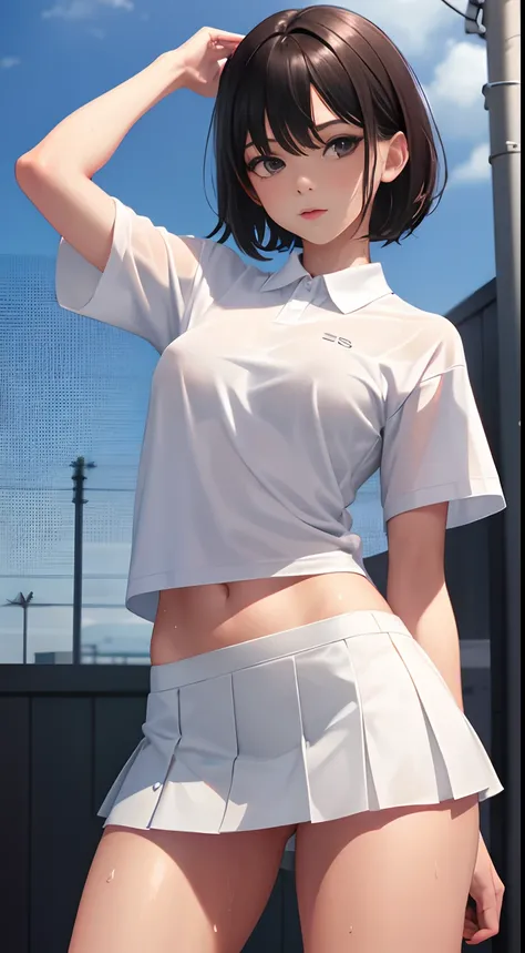 1girl, solo, white polo shirt, white sneakers, tennis wear, white miniskirt, masterpiece, best quality, realistic, hyper-detailed, (shiny skin, sweaty:1.4), absurd, looking at viewer, short black hair, brown eyes, slender, dynamic lighting, high resolution...