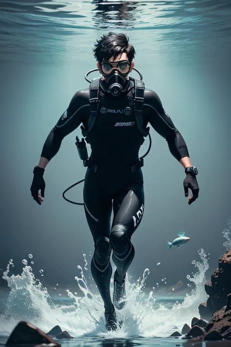 full body.  Male short black hair scuba diver turning left. wearing diving mask and regulator in mouth.   Knife in right hand. Face partially looking to the right. open water not fish around.