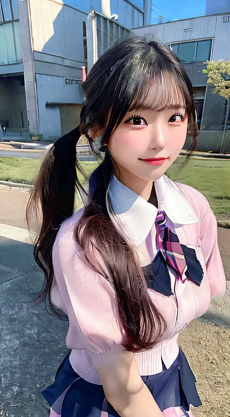 Twin-tailed、School uniform, Cardigan 、neck tie、a short skirt、The wind is blowing and pink panties are visible、knee high socks、takeout、In public、blazers、student clothes、18year old、Revealing clothes 、skinny  body、Feet to head、full body Esbian、Valley、Constric...