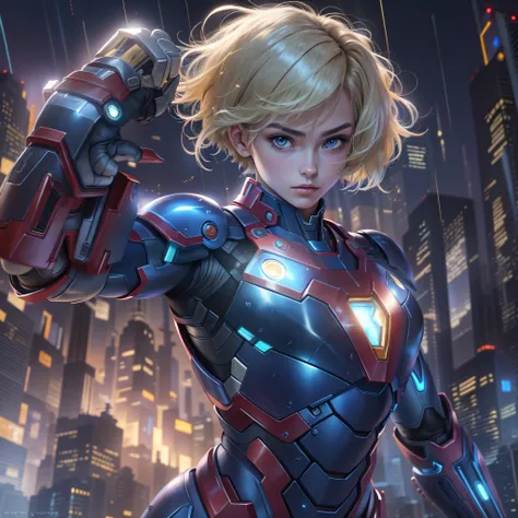 18-year-old girl, upper body, close-up, blue iron man suit, long pants, ((((short hair))), blonde hair, beautiful face, fighting stance, lightning, city of night, masterpiece, exquisite details, perfect anatomy