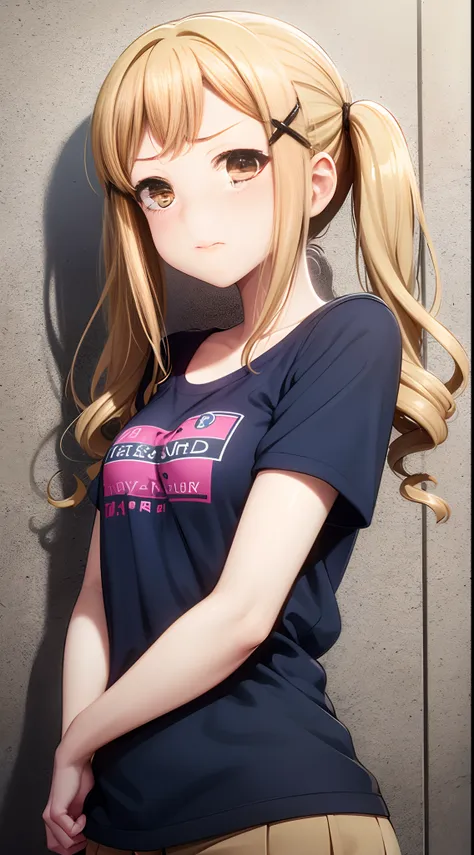 arisa, bang dream, 1girl, solo, long blonde hair, pigtails, cross-shaped hair tie, light brown eyes, grumble, t-shirt, city, bri...