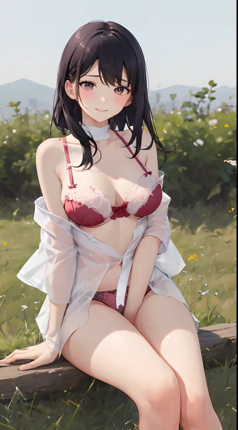 4k高清，1girll, 独奏, She wears pink lace lingerie，Exposing thighs,Sit on grass，The chest is large，Perfect hands，Only underwear panties，Body sweating