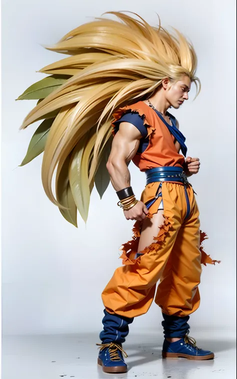 male character, with long blond hair, torn orange sleeveless top shirt, blue shirt underneath, blue waist belt, torn orange pants, blue cloth bracelet, blue cloth sneakers with red details