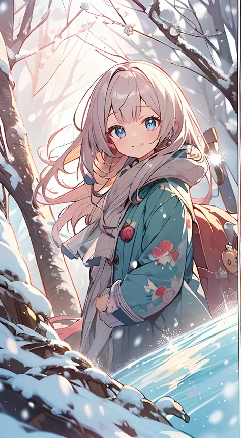 masutepiece, Best Quality,Illustration, Wallpaper, ultra -detail, Absurd beauty, 1beautiful girl、Bright hair color、Glitter and big eyes、Hair fluttering in the wind、ample breasts、♡、Smaller head、Winter scene、miscievous smile、bustup