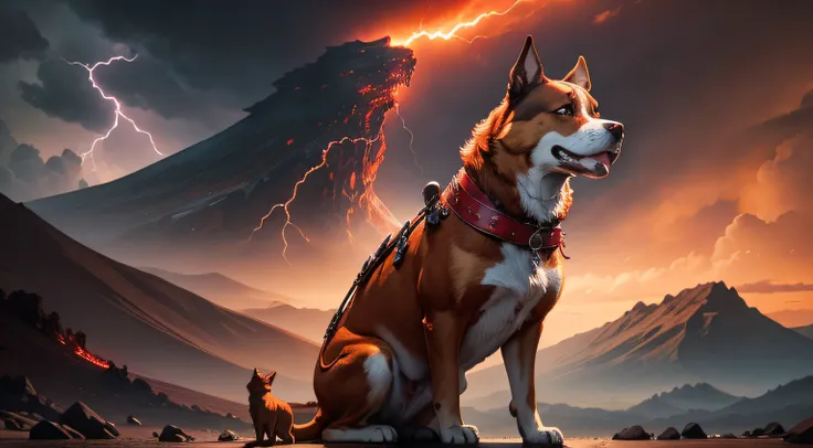 a brown and white dog in front of a red dragon, in a background full of mountains with lava and lightning in the dark sky.