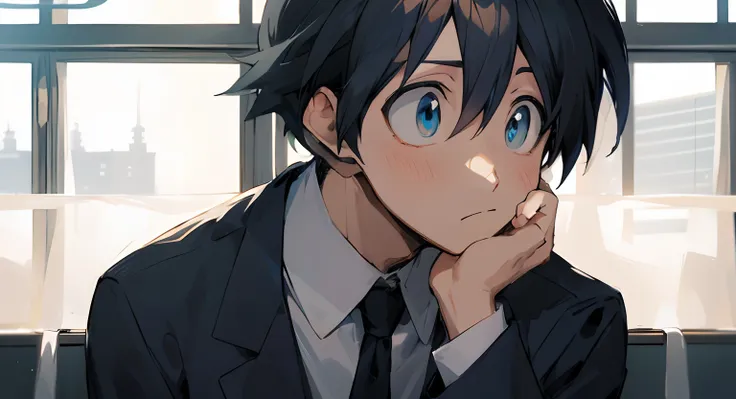 Anime character in suit sitting in front of a window with his hand on his chin, inspirado em Okumura Masanobu, inspirado em Okumura Togyu, anime moe artstyle, estilo anime", jovem homem de anime, em um anime, cel anime sombreado, como um personagem de anim...