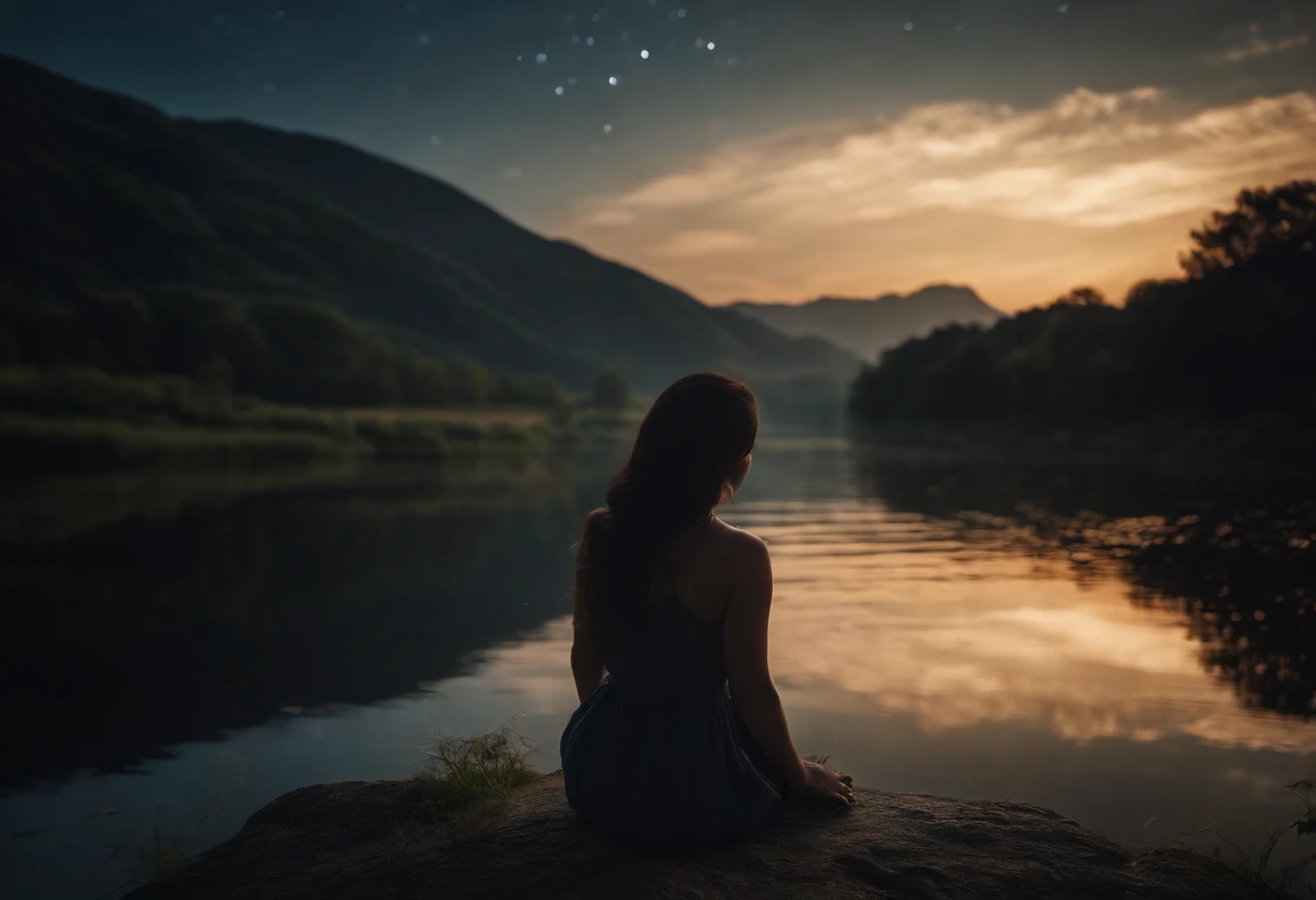 (​masterpiece)、(8k wallpaper)、Woman looking up at the sky with her feet in the river、Night scene with star-filled sky、Stars are reflected in the river、天空:0.8,femele:0.1,Shooting from behind、The background is the Japan countryside