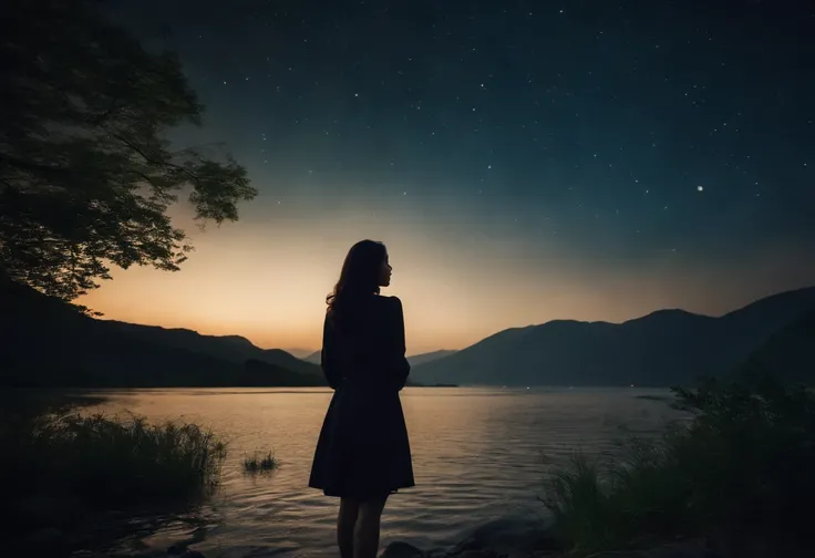 (​masterpiece)、(8k wallpaper)、Woman looking up at the sky with her feet in the river、Night scene with star-filled sky、Stars are reflected in the river、天空:0.8,femele:0.1,Shooting from behind、The background is the Japan countryside