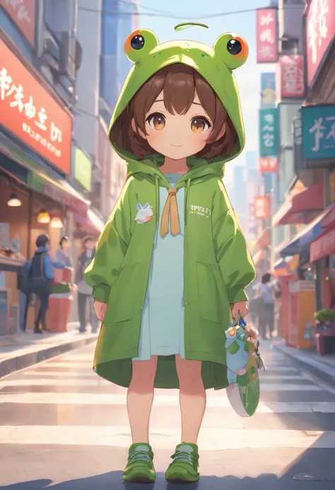 Frog Hoodie、BREAK、We transport in groups in the middle of the city、(((hight resolution、4K、8K images、Hold your head and worry，regrettable，Pop Mart Blind Box IP、１００Close up portrait of cute knight doll of a person、Young One Angel Style、Wear longer, Dress flu...