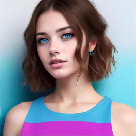 hyper realistic portrait of a beautiful girl with brunette hair, fair skin, freckles on cheeks, blue eyes, vibrant colors, wearing a colorful shirt, ultra high quality, 8k render, hdr