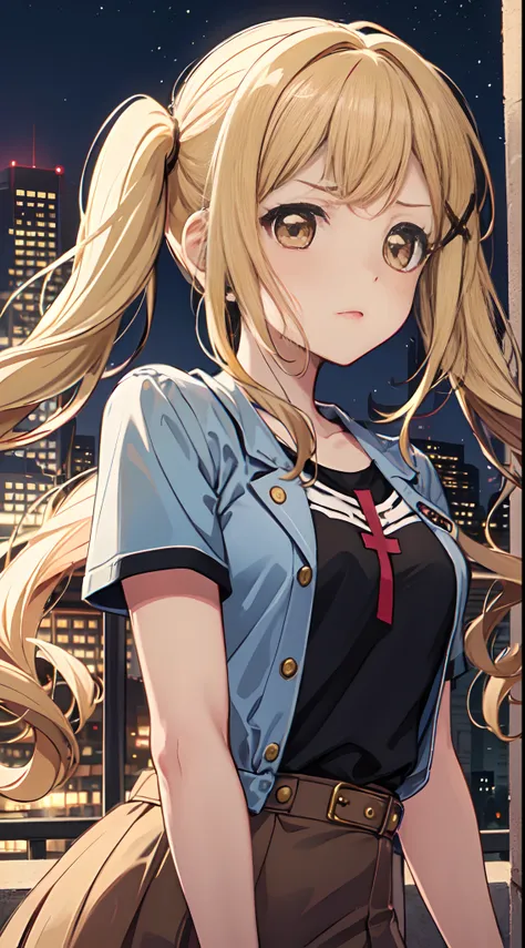 arisa, bang dream, 1girl, solo, long blonde hair, pigtails, cross-shaped hair tie, light brown eyes, grumble, t-shirt, city, dar...