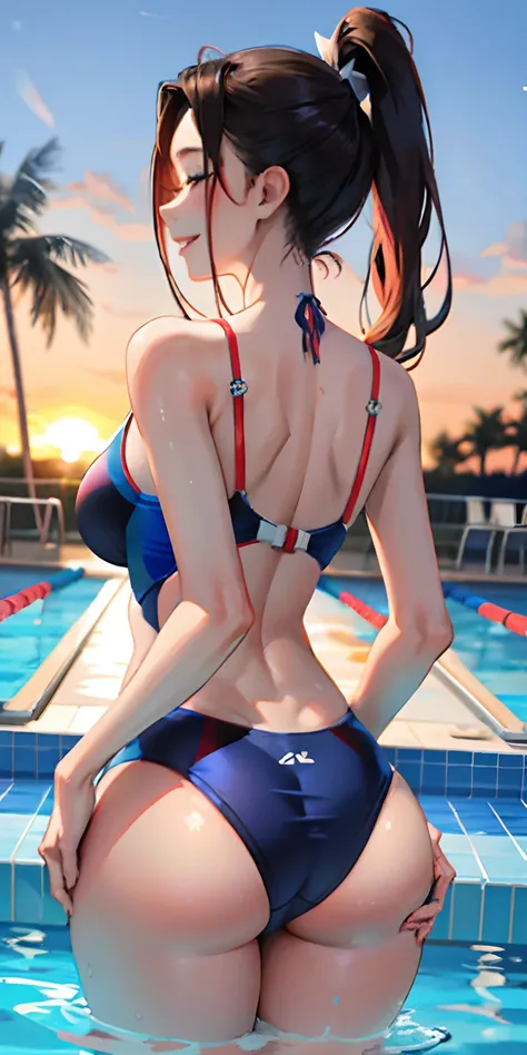 Real 22 year old girl、Wearing competitive swimsuits、Swimming pool、Sexy back view、Buttock emphasis、Breasts a little bigger、Sexy Posing、Smile、Sunset