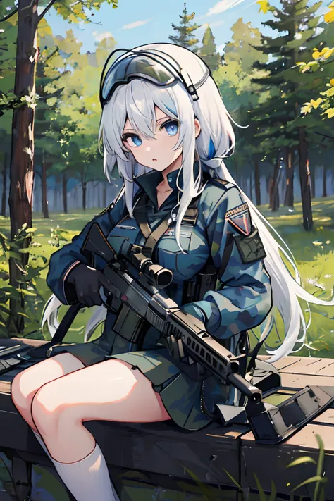 high quality, anime girl, tactical gear, rifle, aiming, white hair, blue eyes, military helmet, camo, forest, blue eye, blue eyes, rifle, tactical gear, school uniform, f cup breasts