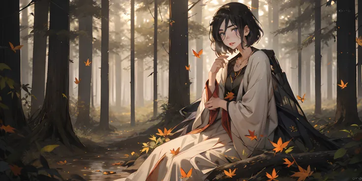 izumi_nase, short hair, black hair, purple eyes, jewelry, neckalce, 1girl, solo, nature, wide_sleeves, forest, tree, black_legwear, long_sleeves, sitting, looking_at_viewer, outdoors, autumn_leaves, autumn, jewelry, fire, insect, bug, dress, butterfly, blu...