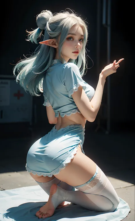 （Extremely normal body：2.0）A gorgeous stage background：1 Elf beauty，White crop top top，Kneeling pose，Point at you with your ass，(Elf long ears)，Light blue ultra-short hair，extra very short hair，A bun，Blue-lace-trimmed maxi dress)，Long blue dress，Skirt that...