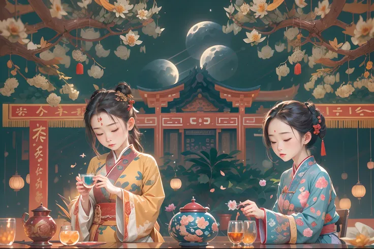 （China - chic Mid-Autumn Night，Clear moonlight sprinkles on the earth，The entire village is shrouded in a soft silvery glow。Mid-Autumn Festival，Traditional activities。Stars twinkle in the night sky，alleys，temple，fresh flowers，The person who burns incense，R...