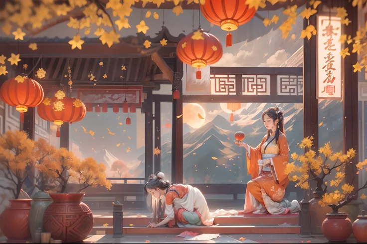 （China - chic Mid-Autumn Night，Clear moonlight sprinkles on the earth，The entire village is shrouded in a soft silvery glow。Mid-Autumn Festival，Traditional activities。Stars twinkle in the night sky，alleys，temple，fresh flowers，The person who burns incense，R...