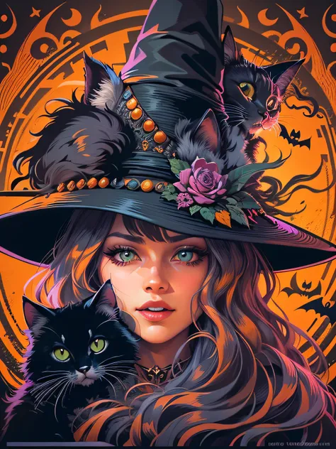 High quality design vector style image, Estilo de estampado de camiseta, graphic art white background of a witch Halloween style, Colores brillantes y realistas, Bruja de estilo antiguo con un sombrero puntiagudo, nariz con una verruga y un gato negro a su...