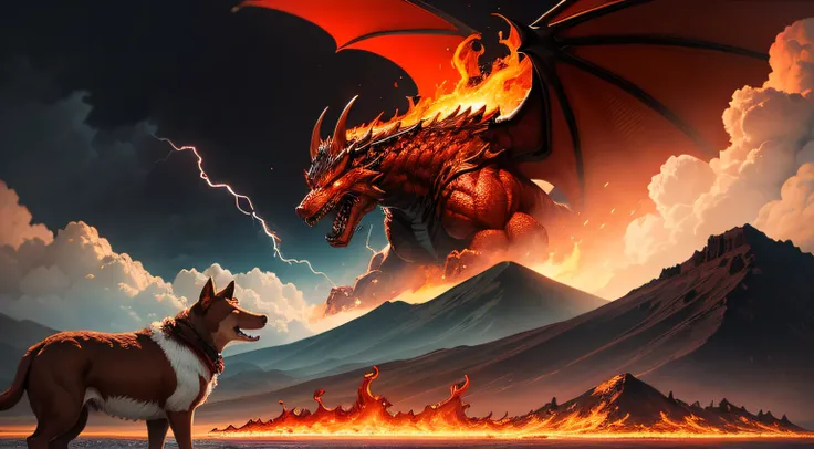 a brown and white dog facing a large red dragon, with a background full of mountains with lava and lightning in the dark sky.