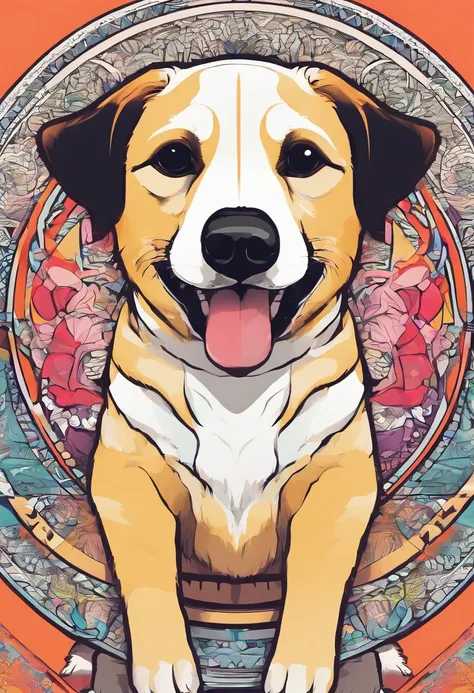 vibrant color drawing of a simple cute dog based mandala