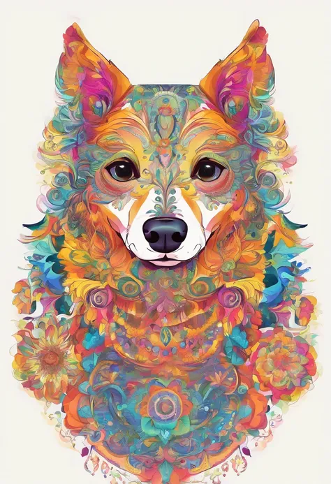 vibrant color drawing of a simple cute dog based mandala