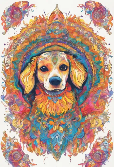 vibrant color drawing of a simple cute dog based mandala