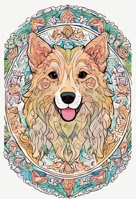 vibrant color drawing of a simple cute dog based mandala