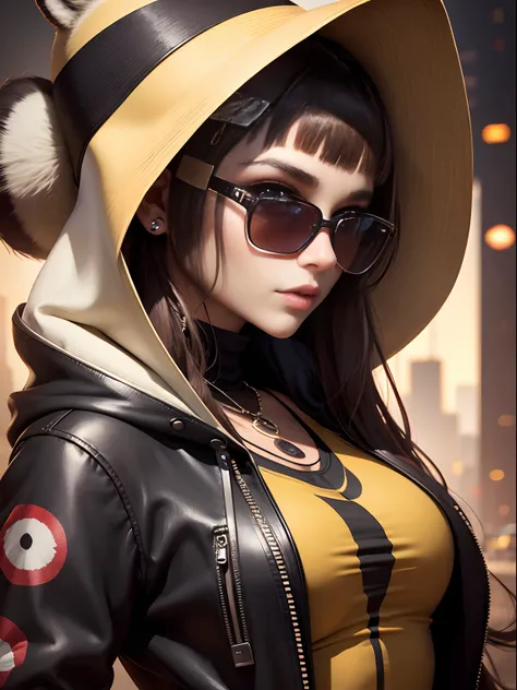 groovy human female with raccoon face, 3/4 profile portrait, modern fashionable woman, funky accessories such as sunglasses, hat, sward, hood etc