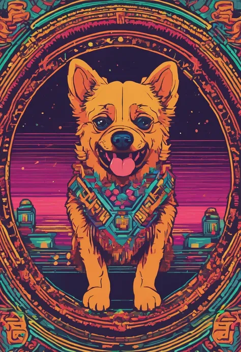 vibrant color drawing of a simple cute dog based mandala