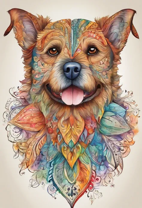 vibrant color drawing of a simple cute dog based mandala