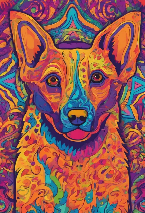 vibrant color drawing of a simple cute dog based mandala