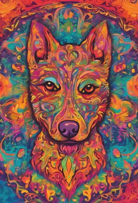 vibrant color drawing of a simple cute dog based mandala