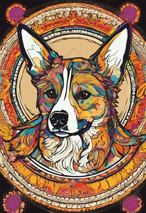 vibrant color drawing of a simple cute dog based mandala