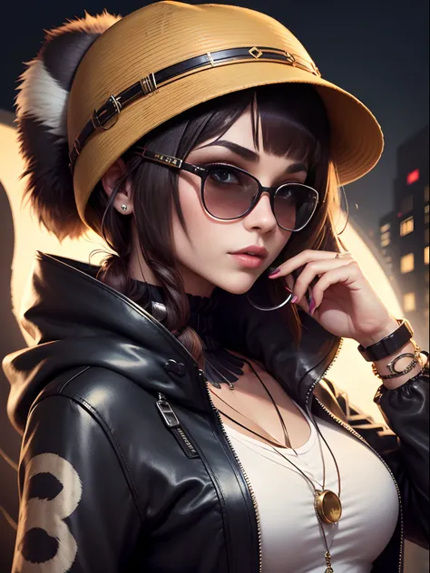 groovy human female with raccoon face, 3/4 profile portrait, modern fashionable woman, funky accessories such as sunglasses, hat, sward, hood etc