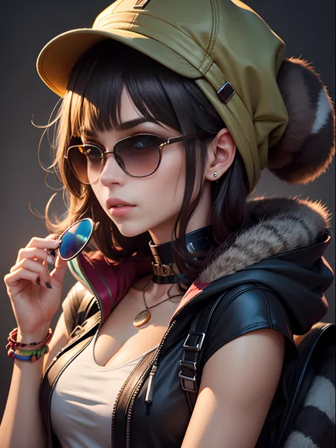 groovy human female with raccoon face, 3/4 profile portrait, modern fashionable woman, funky accessories such as sunglasses, hat, sward, hood etc