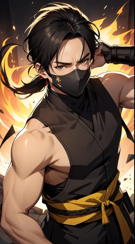 adult guy, short black hair, high ponytail, brown eyes, mask, yellow shinobi kimono, sleeveless, Scorpion, fire, katana, Masterpiece, hiquality, 4k, HD, Good detail